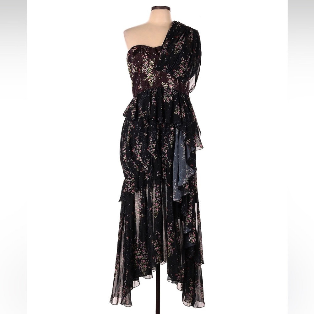 AMUR Elegant Black Floral One-Shoulder Dress Sz 14 - Picture 2 of 8
